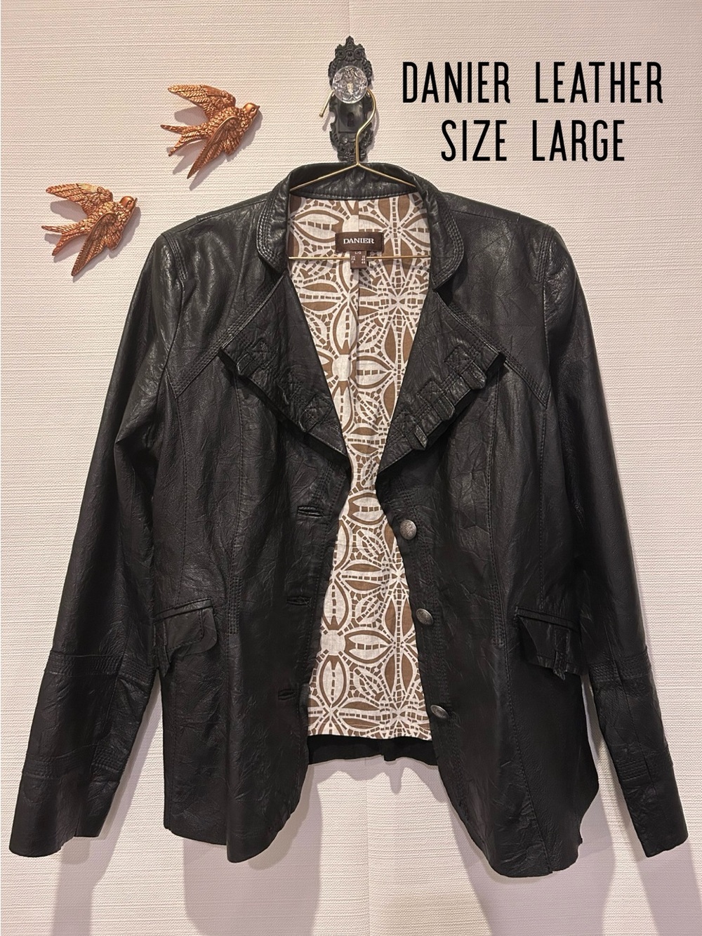 DANIER Crinkle Black Leather Jacket with Patterned Lining